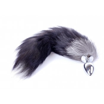 Cola Zorro Gris XXL 45cm con Plug Plata de 6,5x2,5cm